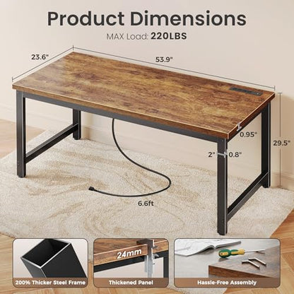 Huuger 54" x 23.6" Rectangular Computer Desk, Rustic Brown with Oil Rubbed Finish, Metal Base, Assembly Required