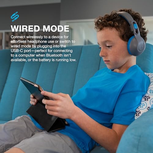 JLab JBuddies Studio 2 Wireless Headphones - Model HBKSTU2RGRYBLU122 - 65+ Hour Battery Life - On-Ear Design - Adjustable - Volume Limiter - Noise Isolation - Grey/Blue