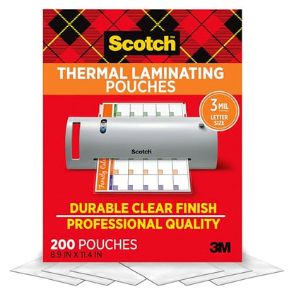 Scotch Laminating Pouches, 200 Count, Clear, 3 Mil, Letter Size