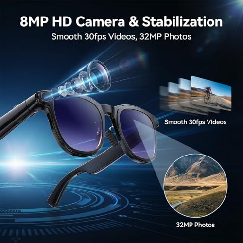 AMZISH 8MP Camera Sunglasses Bluetooth Connectivity Water Resistant Smart Glasses