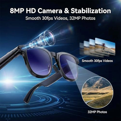 AMZISH 8MP Camera Sunglasses Bluetooth Connectivity Water Resistant Smart Glasses