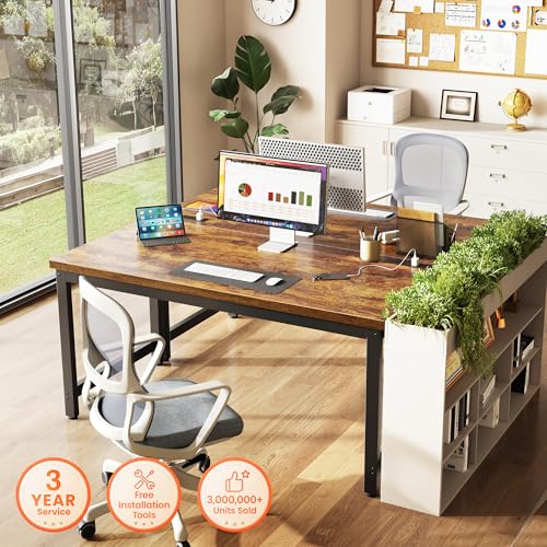 Huuger 54" x 23.6" Rectangular Computer Desk, Rustic Brown with Oil Rubbed Finish, Metal Base, Assembly Required