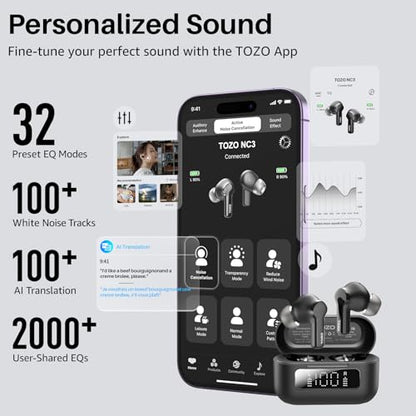 TOZO NC3 Wireless Earbuds Model T11141 with Active Noise Cancelling and ENC Microphone