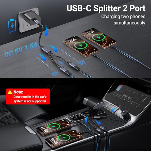 KiwiBird USB-C Splitter 1 in 2 Out Male to Female Adapter, 480 Mbps Data Transfer Rate, Grey