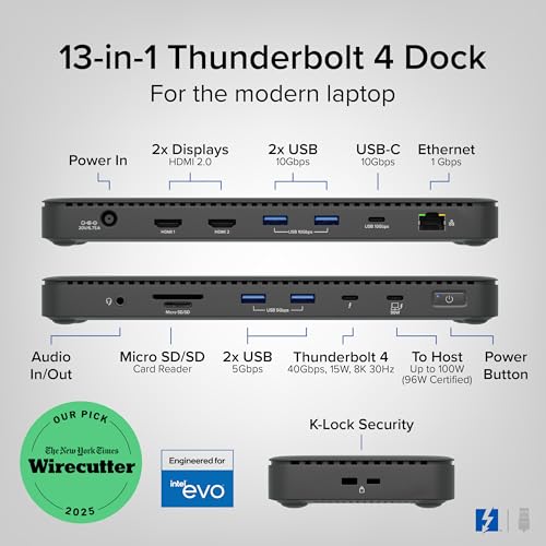 Plugable 13-Port Thunderbolt 4 Dock TBT4-UD5 Dual 4K 60Hz HDMI 100W