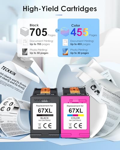 TECKKIN 67XL Ink Cartridges Black and Tri-color Combo Pack, 1150 Pages Yield, for HP Printers