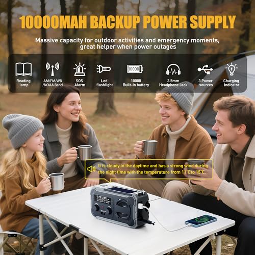 Pristar 6.5" Hand Crank Weather Radio 10000mAh Solar Powered NOAA AM/FM