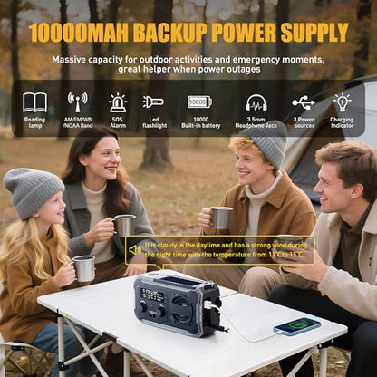 Pristar 6.5" Hand Crank Weather Radio 10000mAh Solar Powered NOAA AM/FM