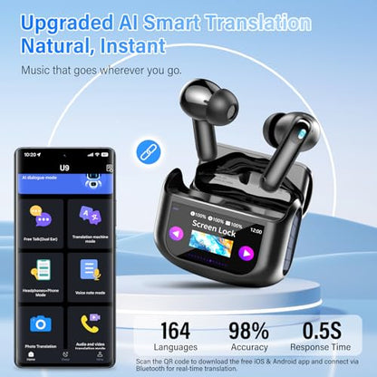 QXUFV U9 Earbuds with Dual Translation, 164 Languages, Bluetooth 5.4, Black