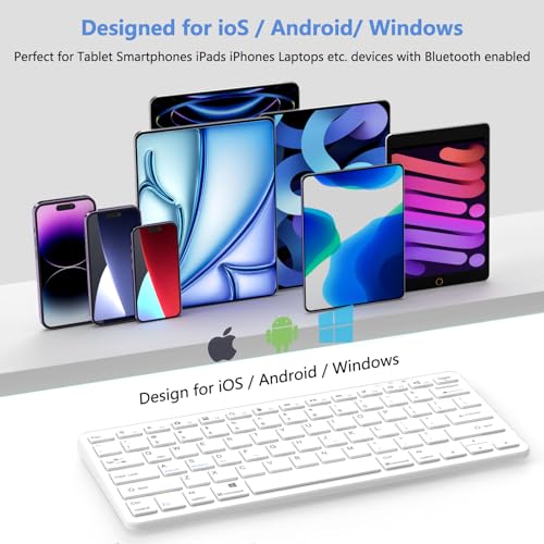 MMK Bluetooth Keyboard QWERTY Compatible with Android, iOS, Windows Devices, 78 Keys, Rechargeable Battery, Silent Operation, White