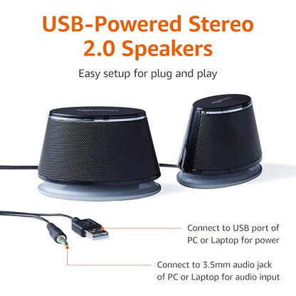 Amazon Basics 3.9" Stereo 2.0 Multimedia Speakers USB-Powered Surface Mount Black Model V620BLACK