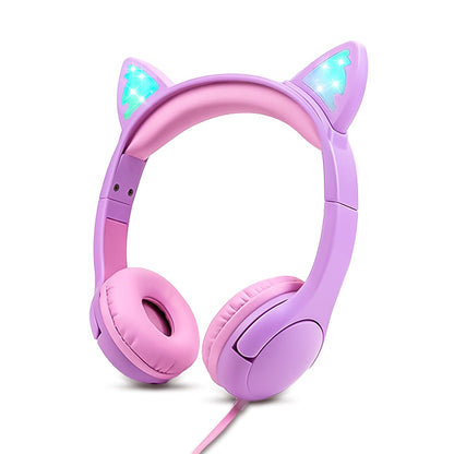 Olyre K06 Cat Ear Kids Headphones, 85dB Volume Control, On-Ear, Wired, 30mm Dynamic Driver System, Water Repellent, Purple