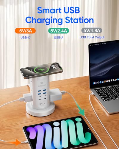 Kakyanill Surge Protector Power Strip Tower 9 AC Outlets 8 USB Ports 6 Ft Retractable Cord