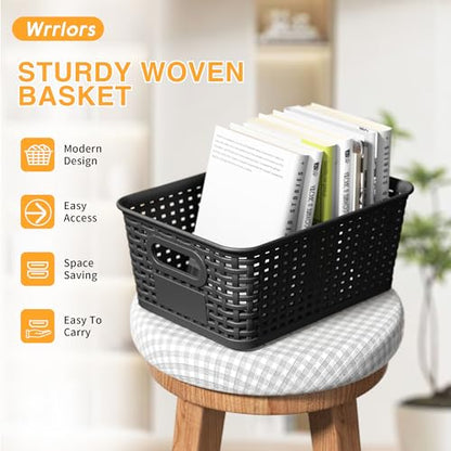 Wrrlors 8 Count Storage Bins with Lids Stackable Portable Black Plastic Baskets