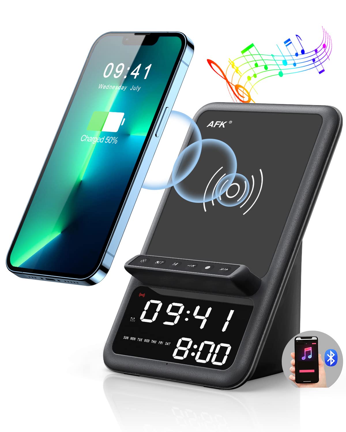 AFK Wireless Charging Station BT512-012 7.5W 1.5A 5V DC Alarm Clock and Speaker