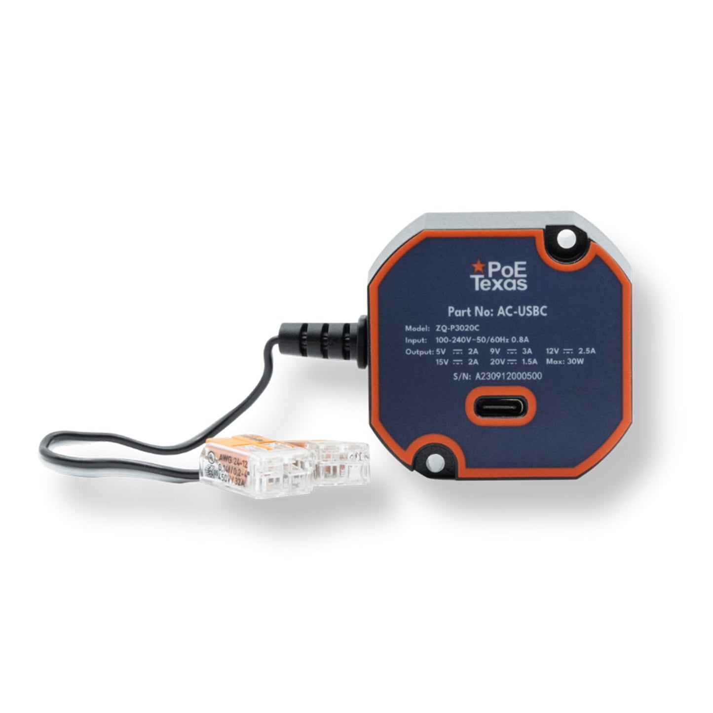 PoE Texas USB Type C Power Adapter - Model ZQ-P3020C, 30 Watts Output - In-Wall Mountable Power Source for Tablets