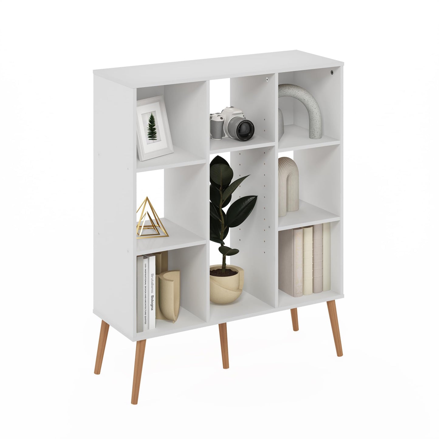 Furinno 10.94"D x 31.5"W x 39.35"H 24122WH Mid Century 8-Cube Bookshelf