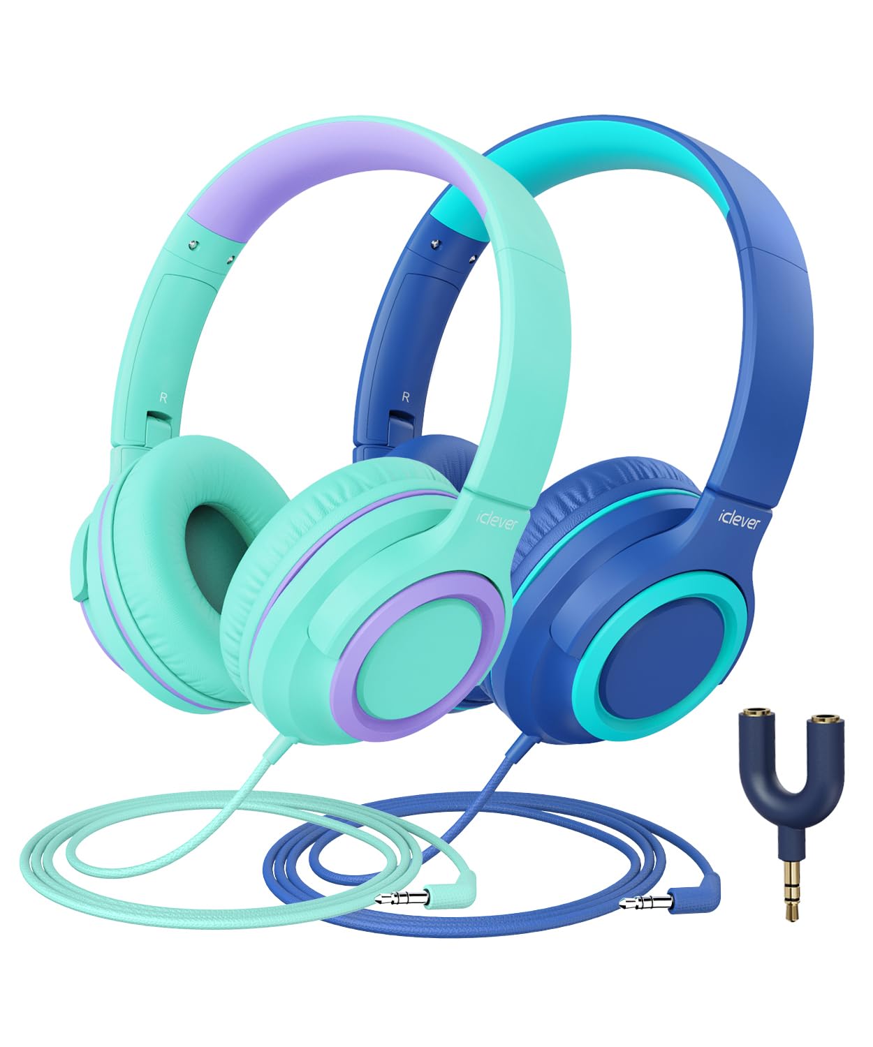 iClever HS22 Wired Headphones, 40mm Drivers, 3.5mm Jack, Foldable, On-Ear, Stereo, 2 Pack