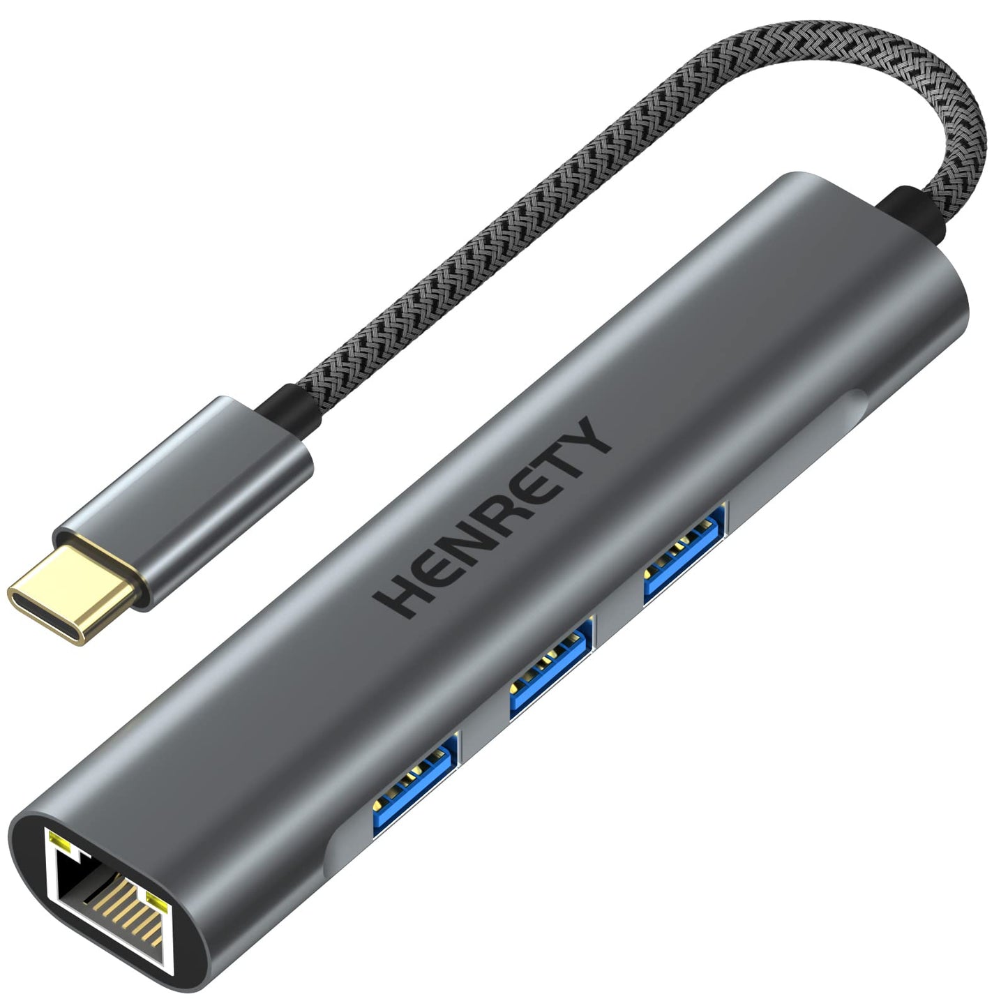 HENRETY USB C to RJ45 Hub, 4-in-1 USB 3.0, 1000 Mbps, Aluminum, Computer Networking Hubs
