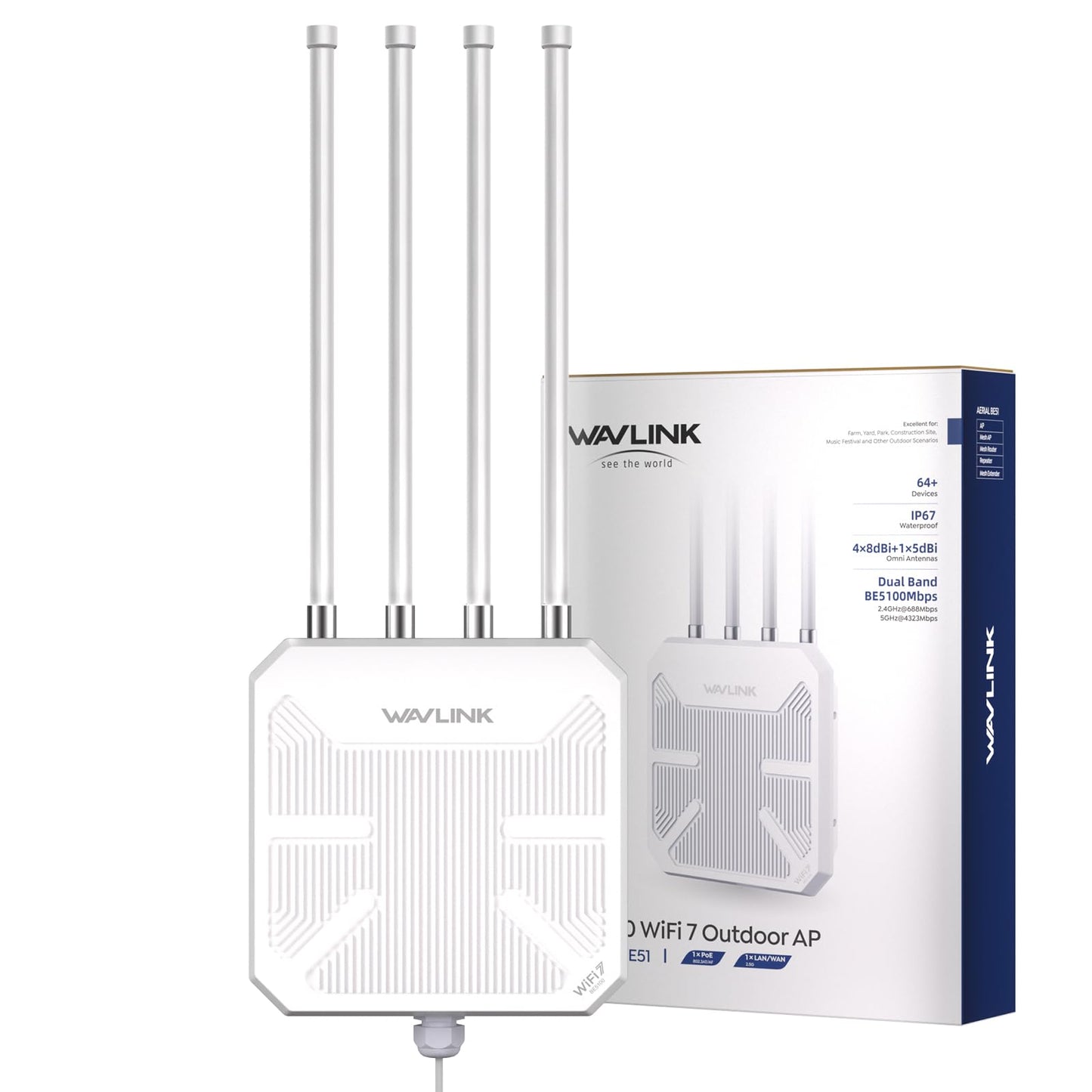 WAVLINK Dual-Band WiFi 7 BE5100 Outdoor Extender WL-WN573HBE2 5100 Mbps 300m RJ45