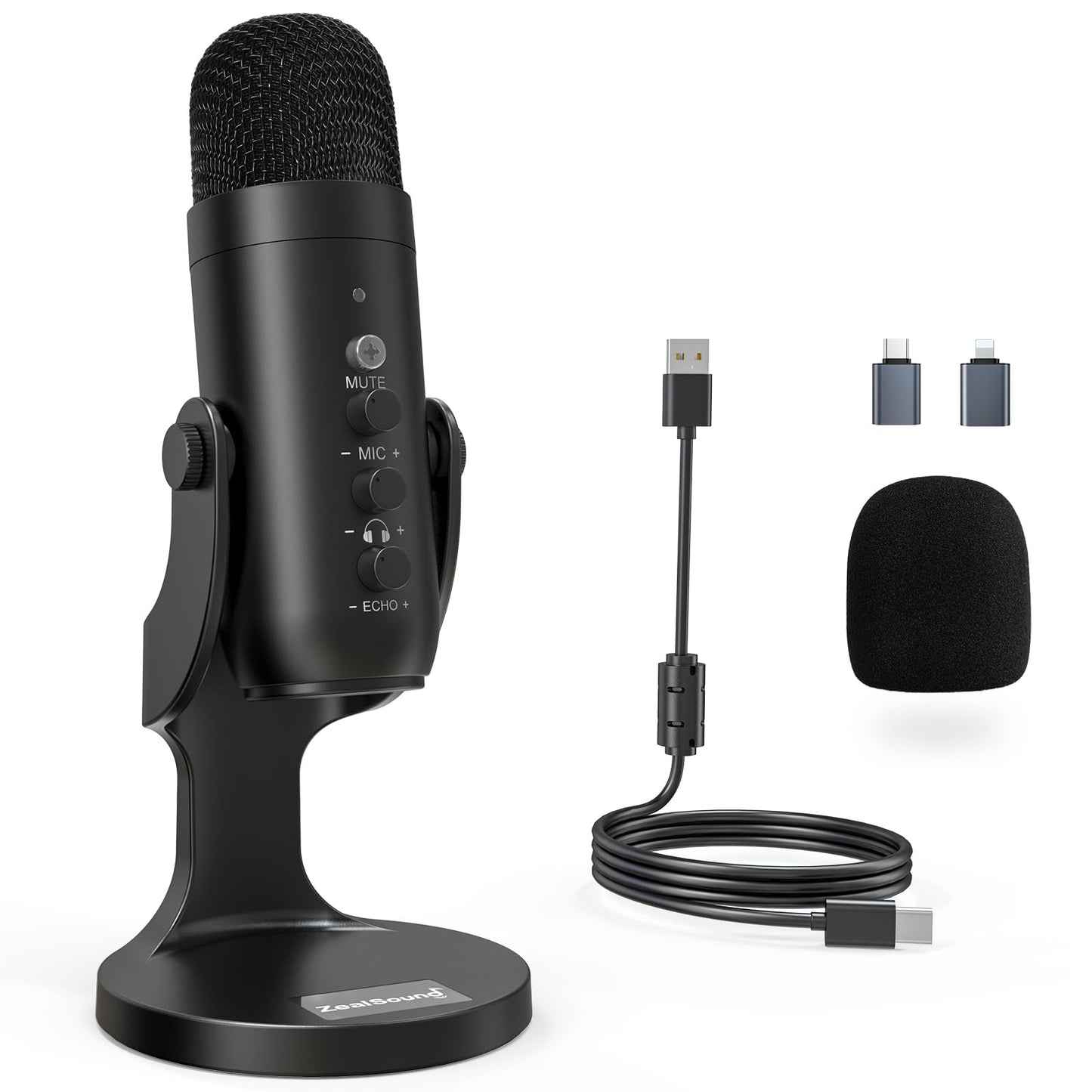 ZealSound K66 Microphone Series External USB Microphone with Lightning and USB-C Connectivity, Noise Cancellation, Volume Control, Gain Control, One-Touch Mute, Echo Adjustment, Unidirectional Polar Pattern