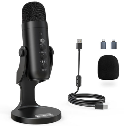 ZealSound K66 Microphone Series External USB Microphone with Lightning and USB-C Connectivity, Noise Cancellation, Volume Control, Gain Control, One-Touch Mute, Echo Adjustment, Unidirectional Polar Pattern