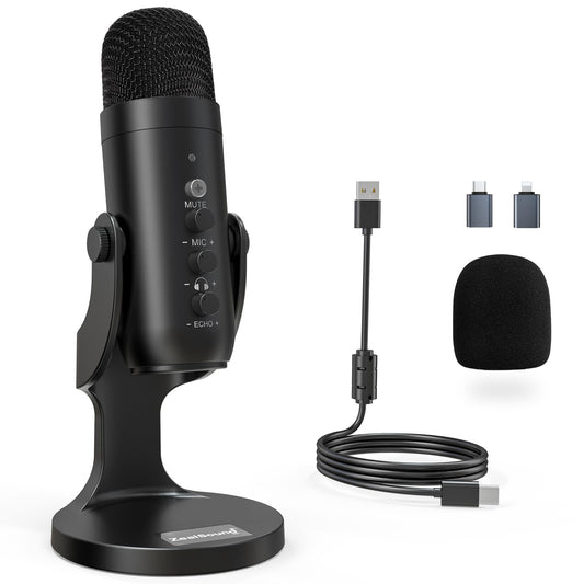 ZealSound K66 Microphone Series External USB Microphone with Lightning and USB-C Connectivity, Noise Cancellation, Volume Control, Gain Control, One-Touch Mute, Echo Adjustment, Unidirectional Polar Pattern