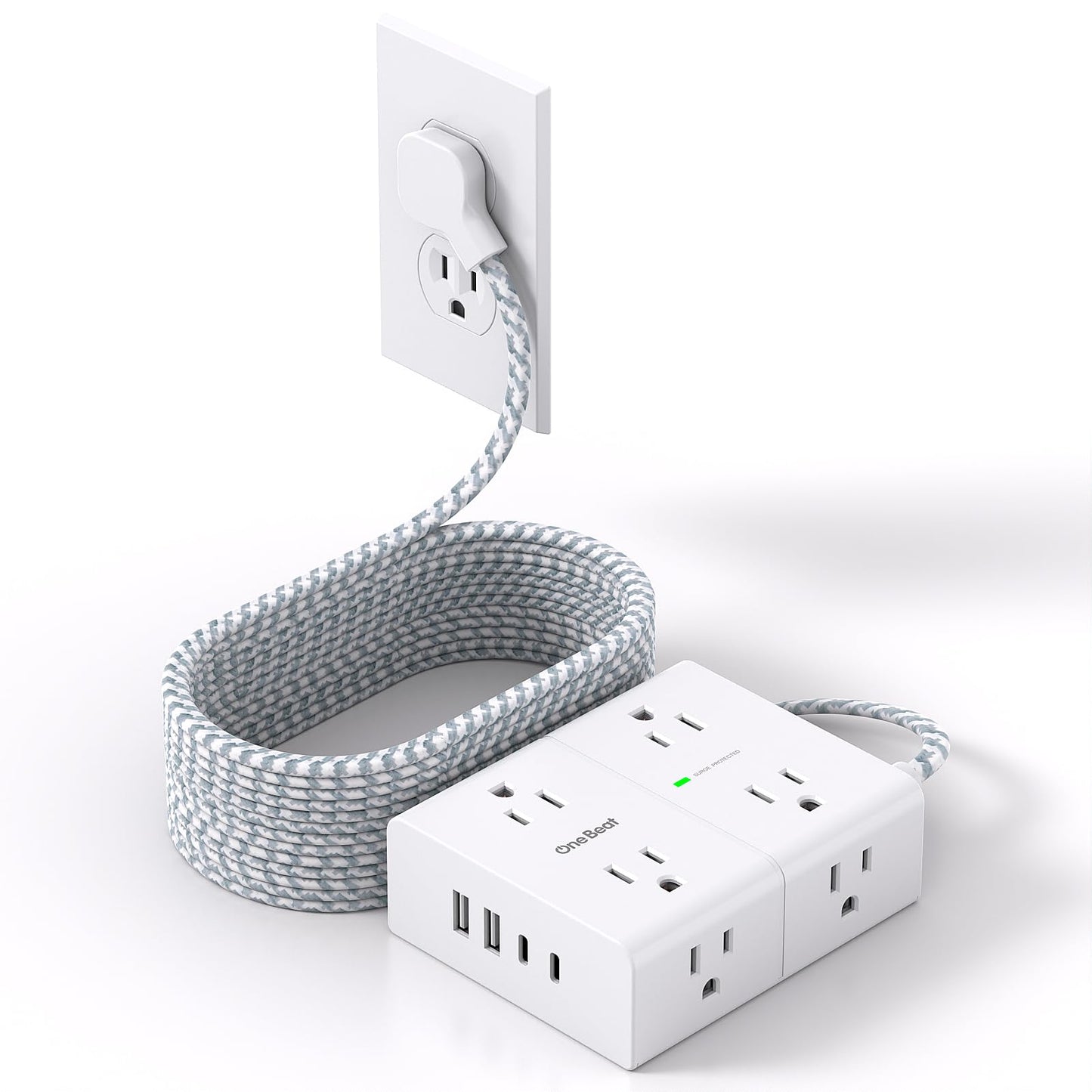 One Beat Power Strip 15 FT 8 AC Outlets 4 USB Ports Model 1 Rectangular White & Grey Surge Protector