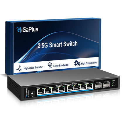 GigaPlus 10 Port Unmanaged Ethernet Switch S25-0802, 2.5Gbps, Metal Housing