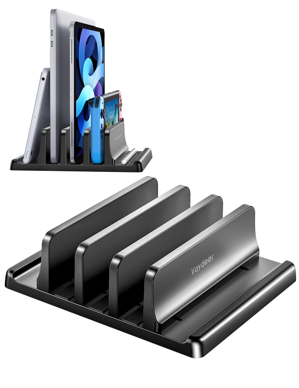 Vaydeer 3-Slot Vertical Laptop Stand Organizer, Adjustable Width, Tabletop Mounting, Rubber and Silicone Enclosure, Black, Model Xunli-0009