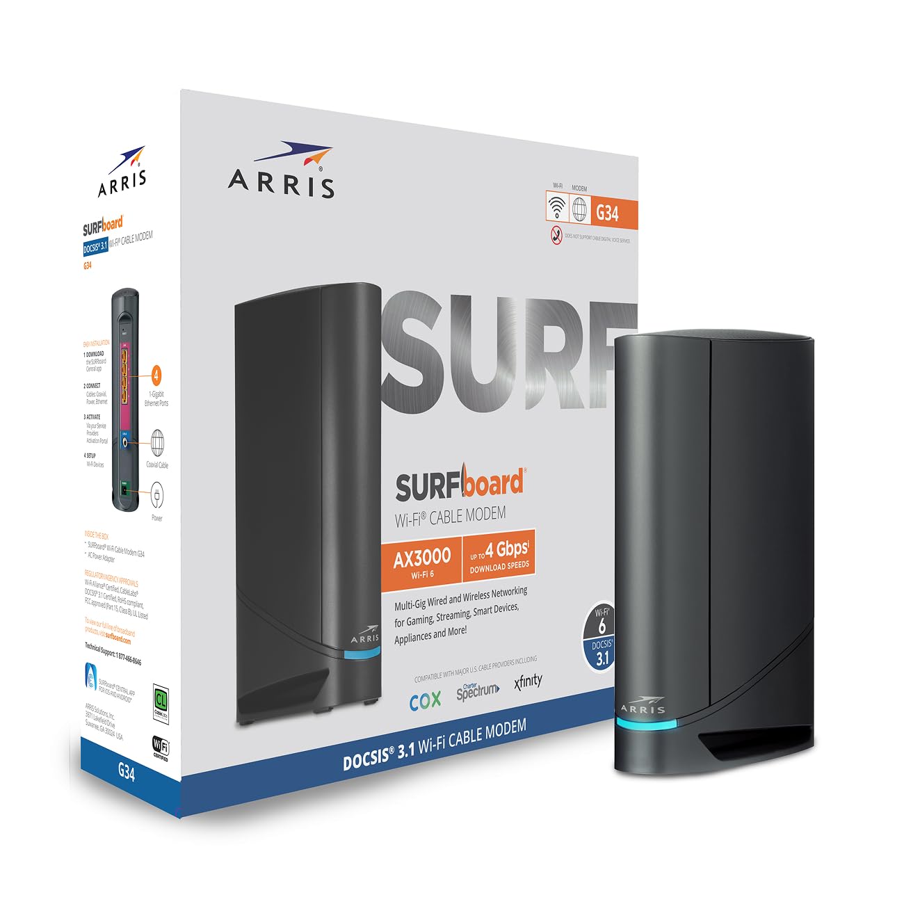 ARRIS G34 Docsis 3.1 Cable Modem WiFi 6 Router - AX3000 Dual-Band - 4 Ethernet Ports - 120 Volts