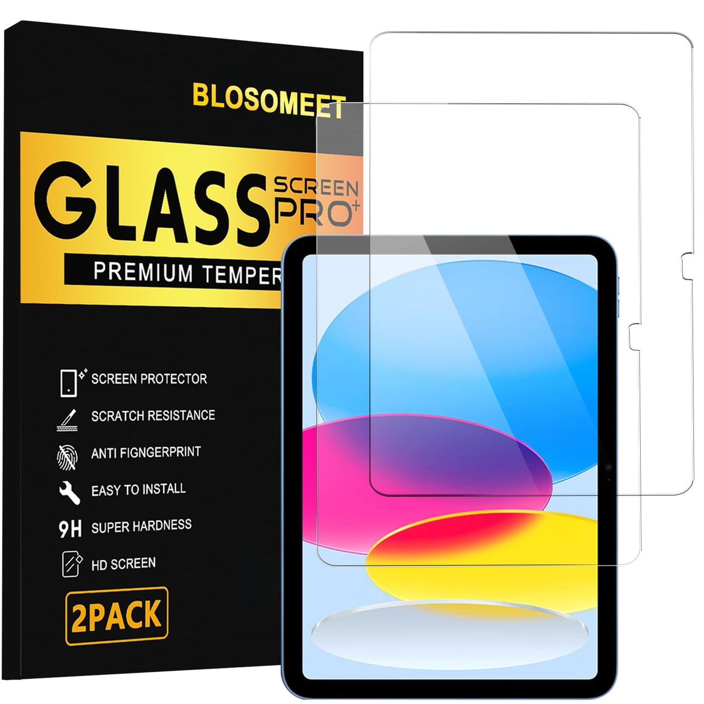BLOSOMEET Screen Protector for iPad 10th Generation 10.9 Inch, Tempered Glass, Model A3354/A3355/A3356/A2696/A2757/A2777, 9H Hardness, Glossy Finish