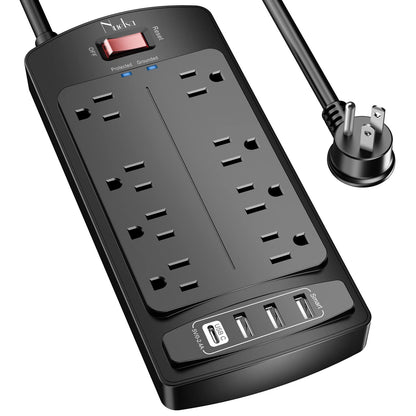 Nuetsa Power Strip HC29U56 8 Outlets 4 USB Ports 125V 13A Rectangle Black Surge Protector