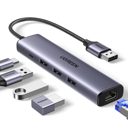 UGREEN 5-Port USB Hub with Gigabit Ethernet RJ45 3x USB 3.0 Ports, Aluminum Enclosure, Compatible with Windows, Mac OS, Linux, and Chrome OS