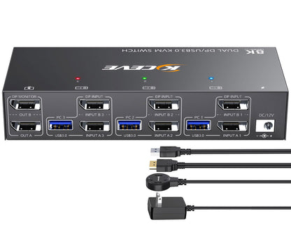 KCEVE KVM Switch 2 Monitors 3 Computers 4K@144Hz DisplayPort USB 3.0 Model KC-302DP-A