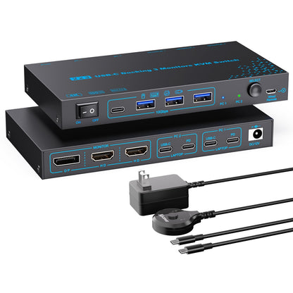 DXchip 5.91in x 3.15in x 1.18in KVMC213DH2 Manual 2-way Push Button KVM Switch USB-C 100W PD Black