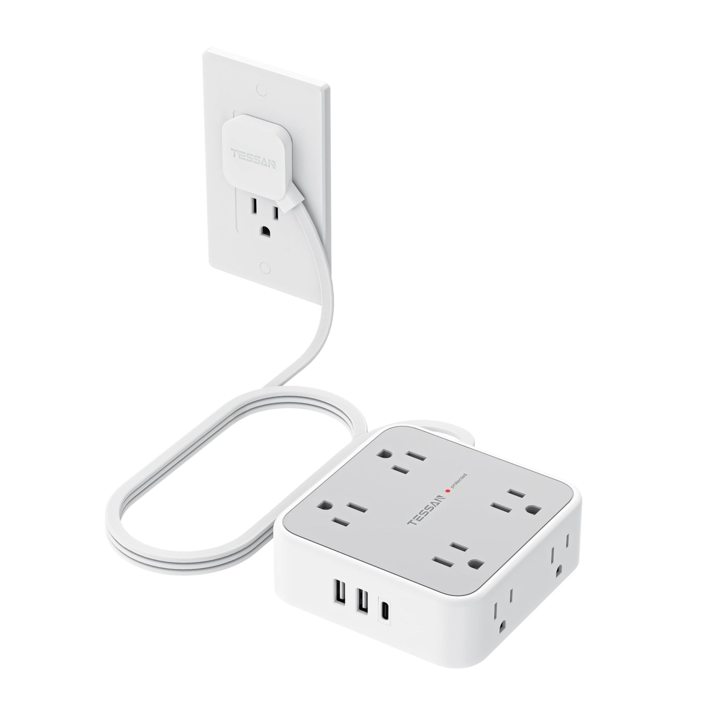 TESSAN 5 Ft Flat Plug Surge Protective Power Strip with 8 Outlets and 3 USB Ports (1 USB-C)