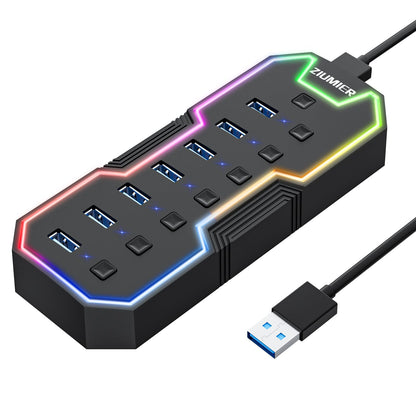 ZIUMIER USB Hub, 7 Ports, USB 3.0, 5Gbps, Black, Model L90