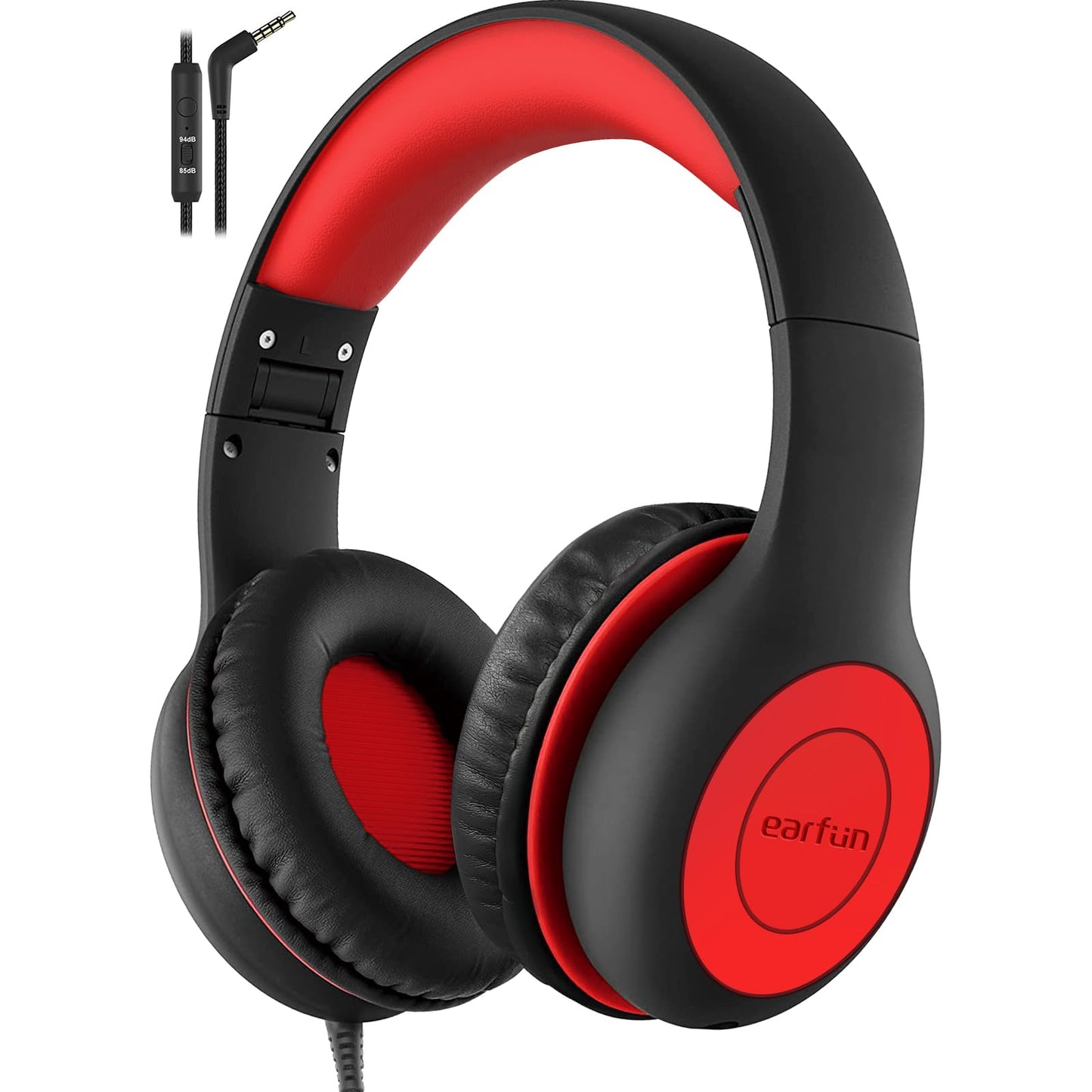 EarFun K1 Wired Kids Headphones with Microphone, 40mm Dynamic Drivers, Over-Ear Design, Black Red