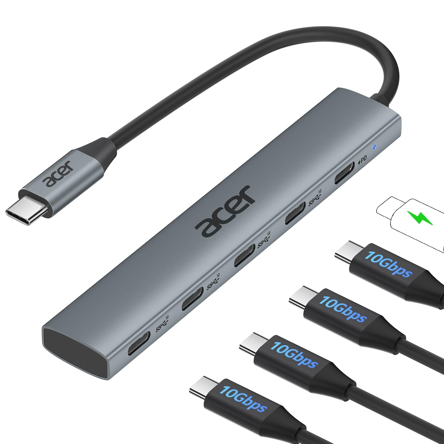 Acer 5 Ports ODK4L0 USB C Hub, 10Gbps Data Transfer, USB Type C, Grey, Aluminum Housing