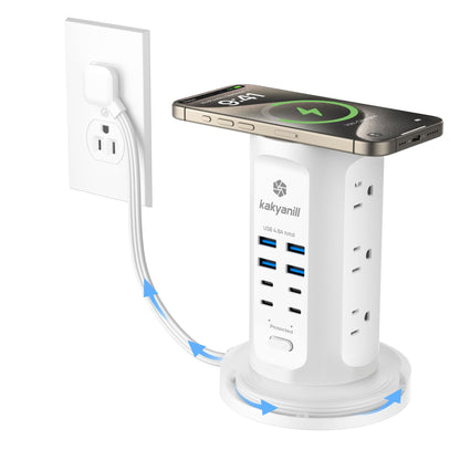 Kakyanill Surge Protector Power Strip Tower 9 AC Outlets 8 USB Ports 6 Ft Retractable Cord