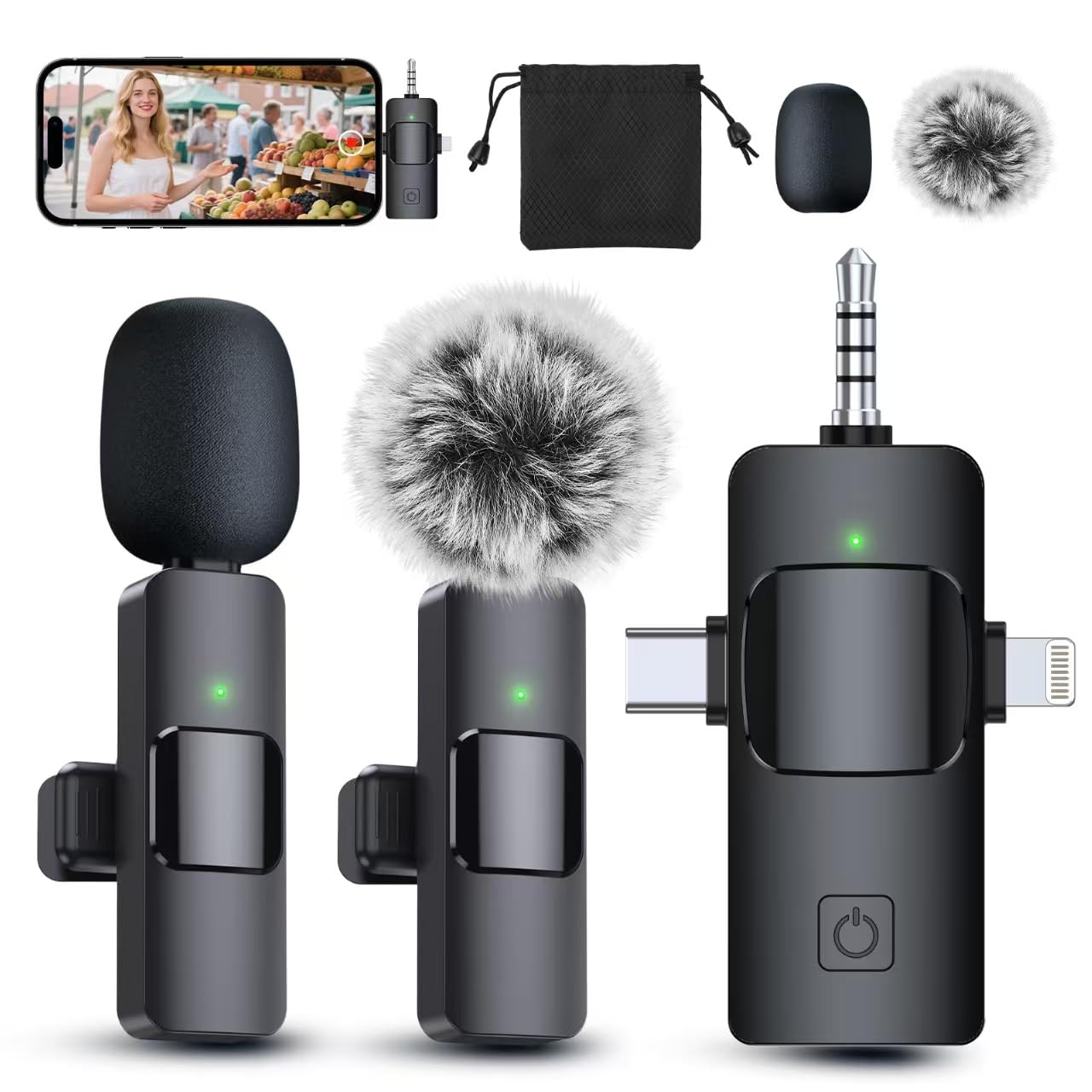 PQRQP 3-in-1 Professional Wireless Lavalier Microphone GT16 Wireless USB-C/3.5mm Jack/Li
