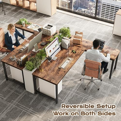 Huuger 63 Inch L-Shaped Computer Desk with Built-In Power Outlets and USB-C Port, Engineered Wood Top, Metal Frame, Rustic Brown