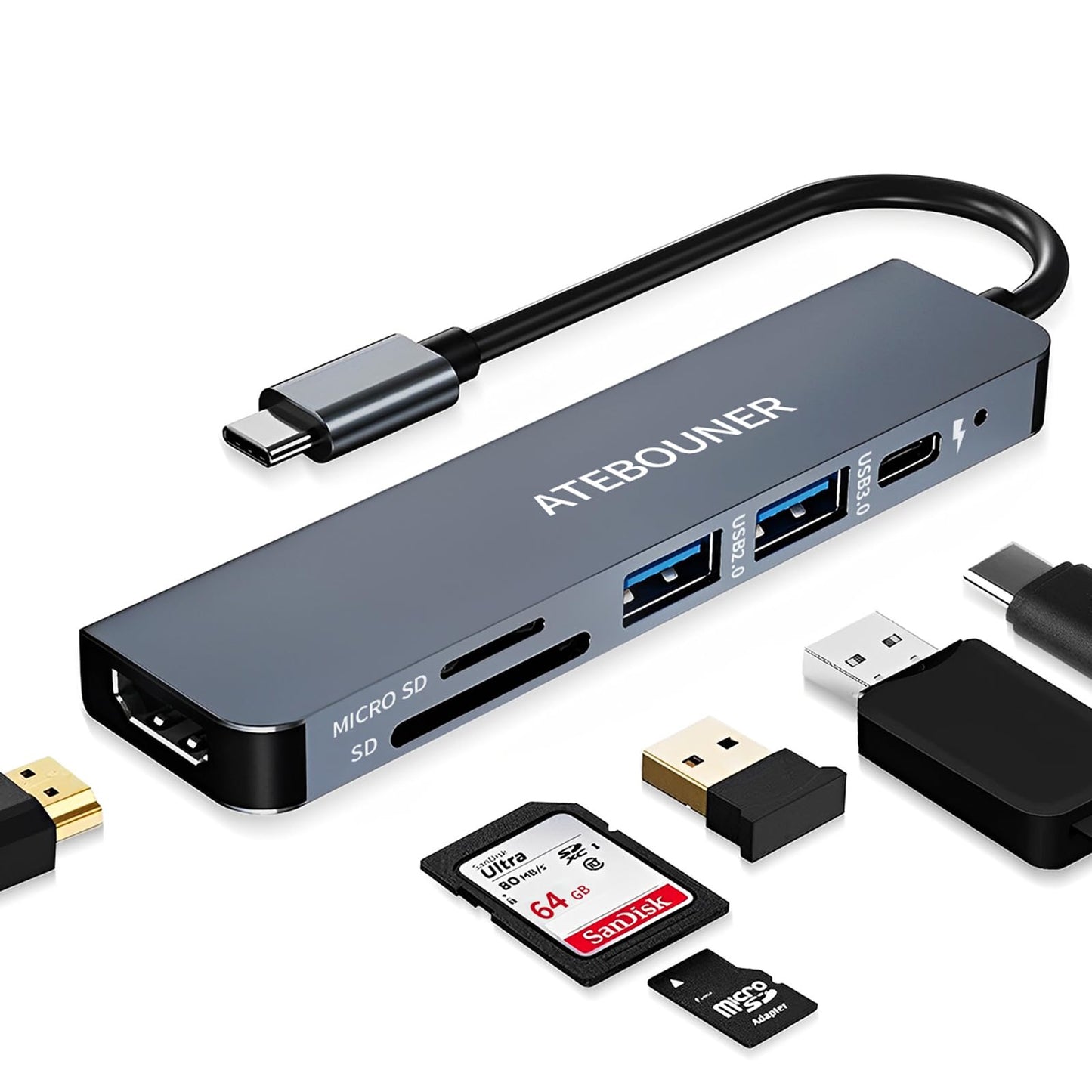 ATEBOUNER USB-C Multiport Hub Adapter 6 Ports 5Gbps Data Transfer