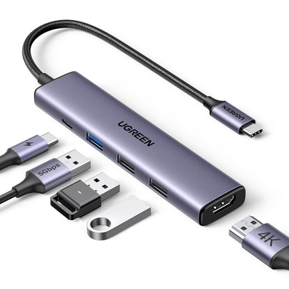 UGREEN USB C Hub 5-in-1 Multiport Adapter, 4K HDMI, 100W Power Delivery, 3 USB-A Data Ports, Grey
