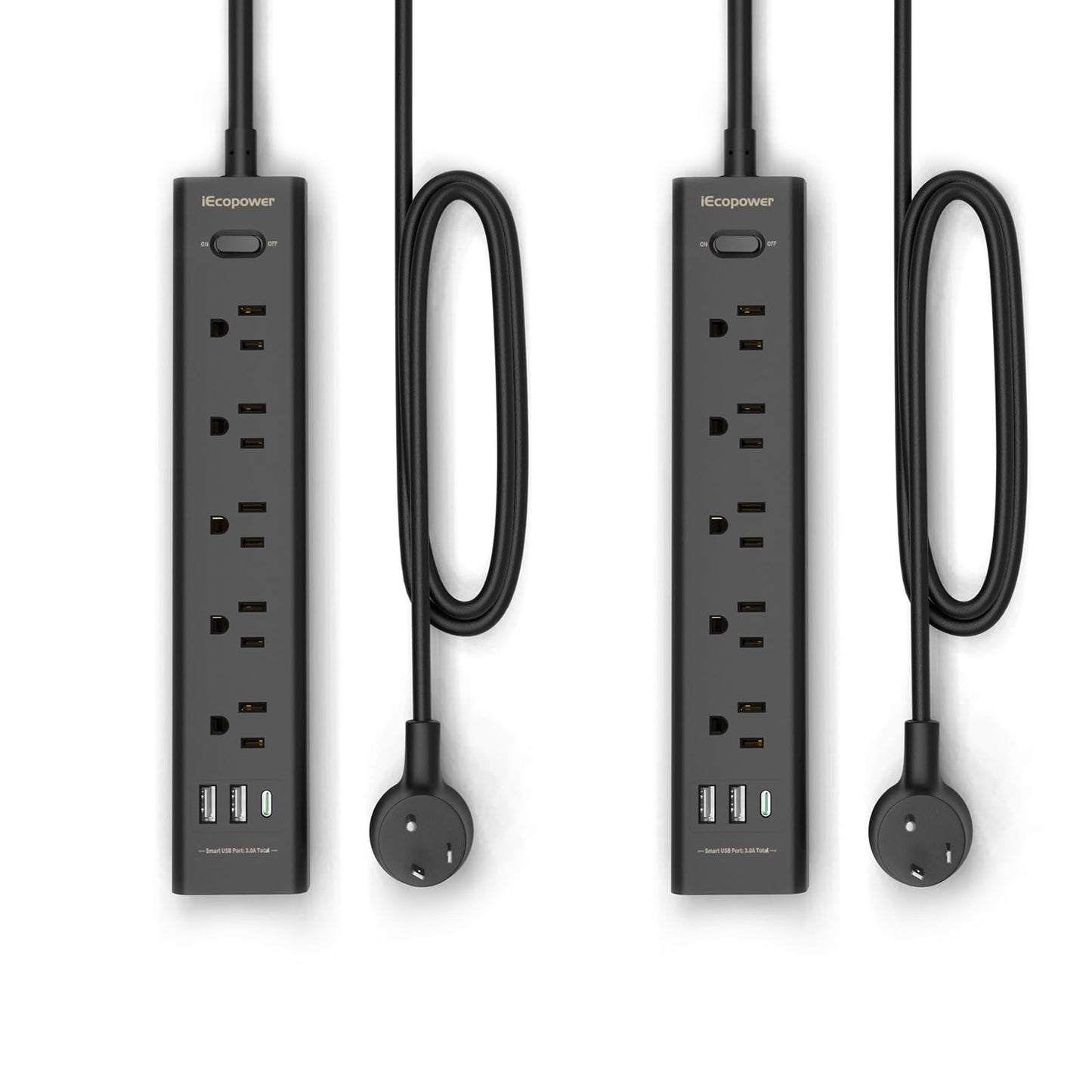 IECOPOWER 10.3" x 1.97" Power Strip Model WD-R1203U 125V 10A 5 Outlets with 3 USB Ports