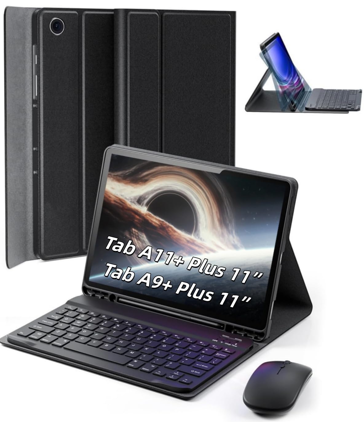TUNKARMOR Compact Detachable Keyboard Case for Samsung Galaxy Tab A9+/A11+ Plus - Bluetooth, Auto Sleep/Wake Function, S Pen Holder, Black