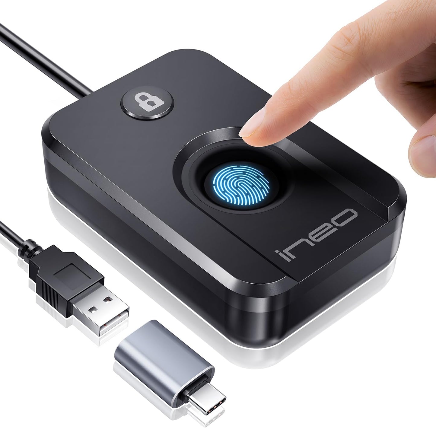 ineo 4.45x3.62x1.22in 3.2oz USB Fingerprint Reader Biometric Authentication Security Device