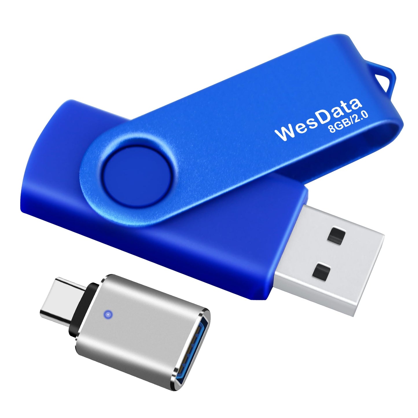WesData 8GB WD8GB2.0-1BLUE USB 2.0 Flash Drive with USB C Adapter