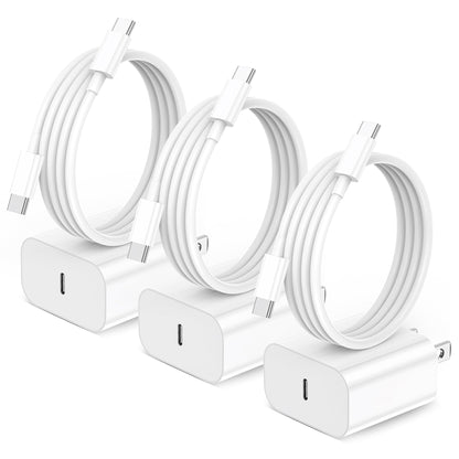 KTDRJN 3 Pack 20W USB C Fast Wall Chargers, Model A02012, Rated 15 Watts, Equipped with 6ft USB C to C Cables